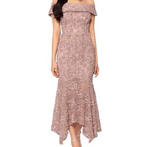 NWT Xscape‎ Off The Shoulder Soutache Lace Beaded Mermaid Gown Taupe Pink 22W